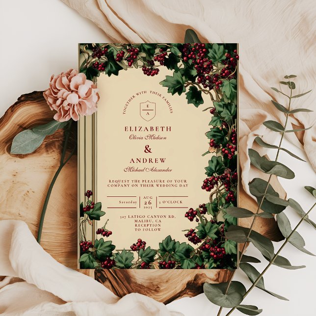 Romantic Ivy and Berry Wedding Invitation (Creator Uploaded)