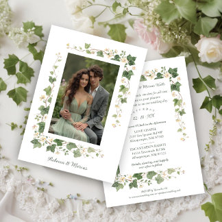 Romantic Ivy and Floral Frame Wedding Photo Invitation