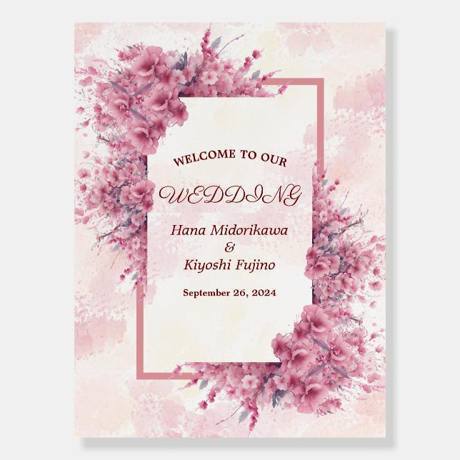Romantic Japanese Pink Cherry Blossom Wedding Sign (Front)