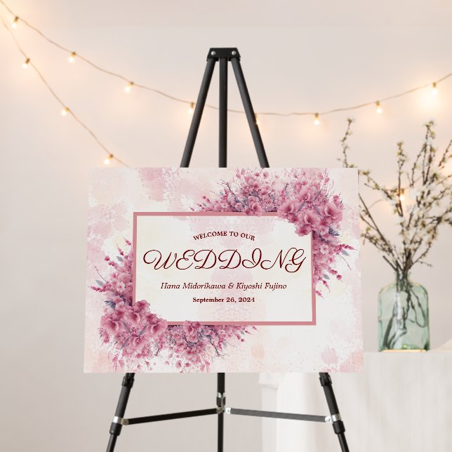 Romantic Japanese Pink Cherry Blossom Wedding Sign (In Situ (Stand))