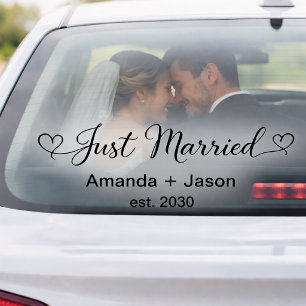 Romantic Just Married Hearts Black Script Window Cling