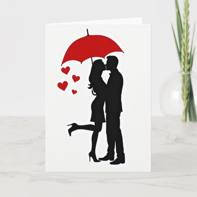 Romantic Kiss Umbrella Hearts Card (Front)