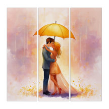 Romantic Kiss Under Umbrella Triptych Canvas | Per