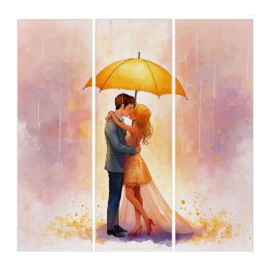 Romantic Kiss Under Umbrella Triptych Canvas   Per