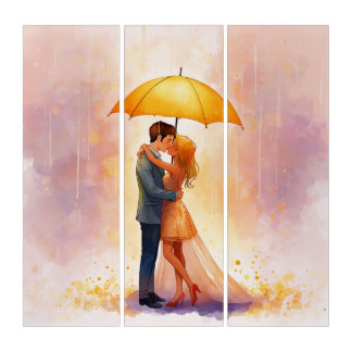 Romantic Kiss Under Umbrella Triptych Canvas | Per