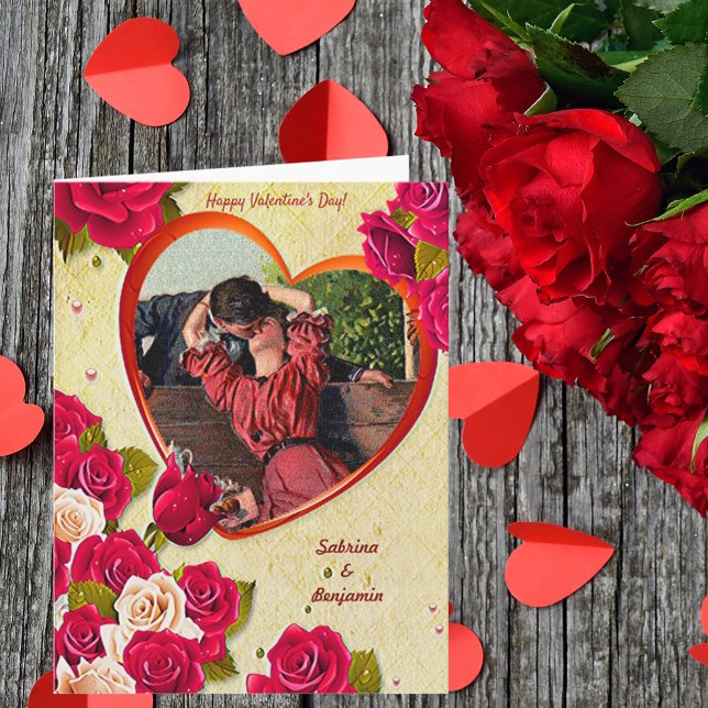 Romantic Kiss Vintage Valentine Heart and Roses Card (Creator Uploaded)