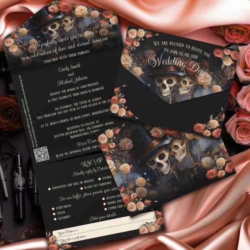 Romantic Kissing Skeletons Gothic Wedding All In One Invitation