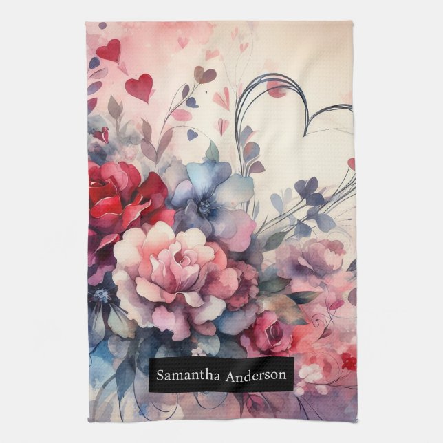 Romantic Kitchen: Abstract Hearts Roses Kitchen Towel (Vertical)