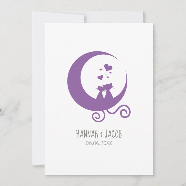 Romantic Kittens Couple on the Moon in Purples Note Card (Front)