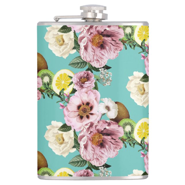 Romantic kiwi, lemon and peony pattern    flask (Front)