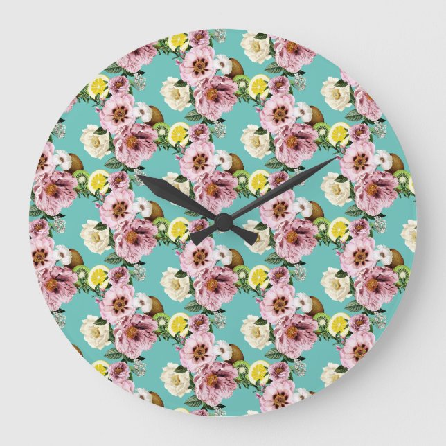 Romantic kiwi, lemon and peony pattern large clock (Front)