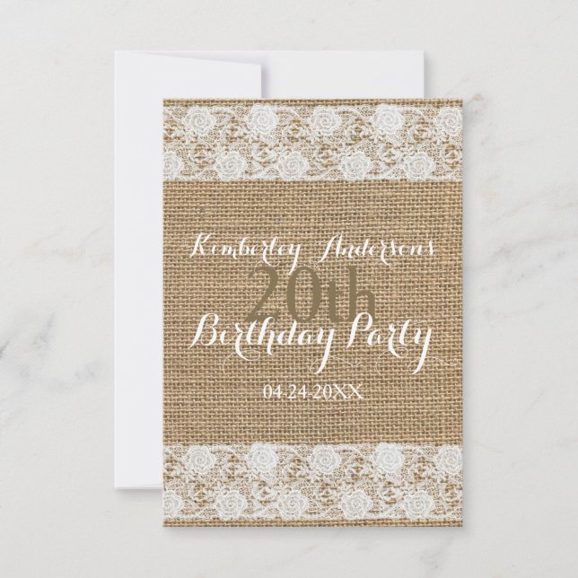 Romantic Lace and burlap 20th Birthday Party Invitation (Front)