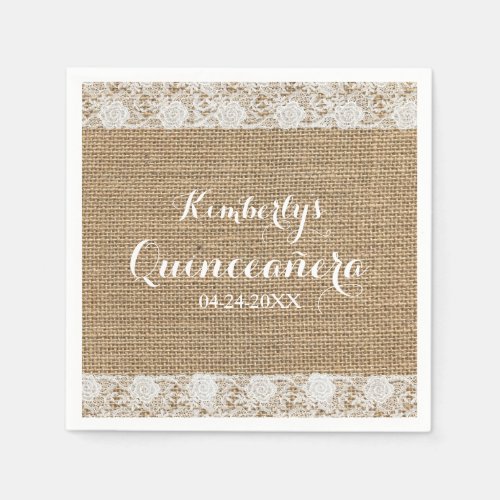 Romantic Lace and burlap Quinceaera Paper Napkins