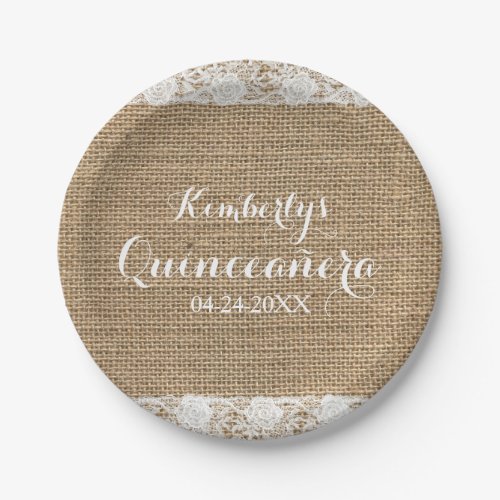 Romantic Lace and burlap Quinceaera Paper Plates