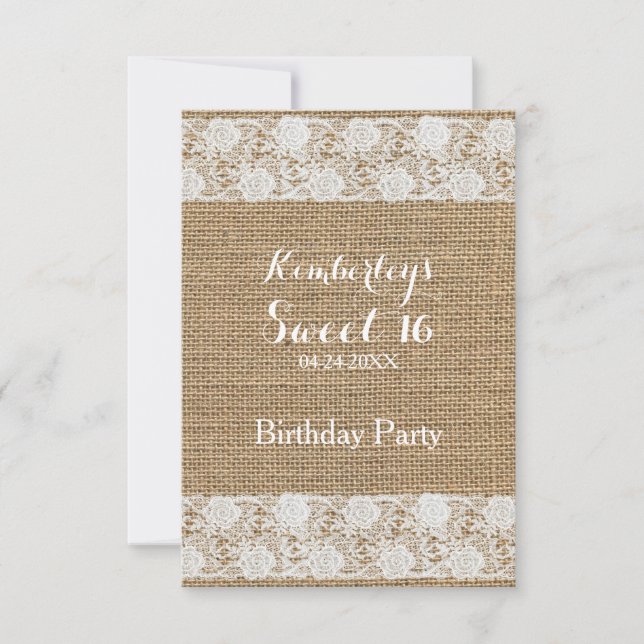 Romantic Lace and burlap Sweet 16 Birthday I Invitation (Front)