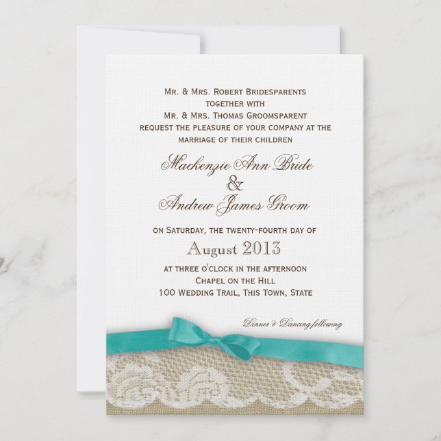 Romantic Lace and Dark Aqua Bow Wedding Invitation (Front)