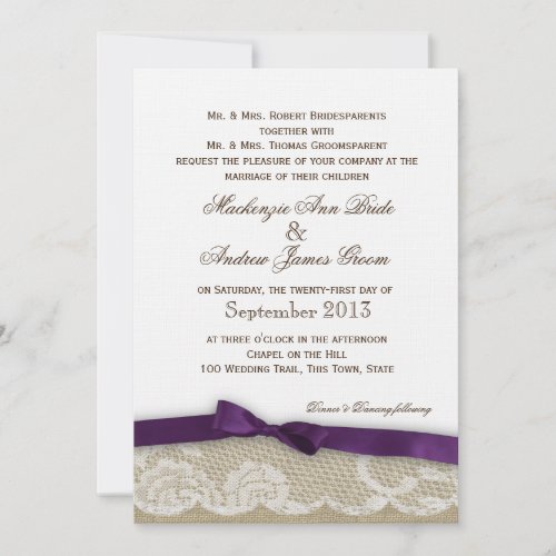 Romantic Lace and Dark Purple Bow Wedding Invitations