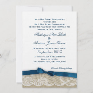Romantic Lace and Navy Bow Wedding Invitation