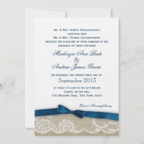 Romantic Lace and Navy Bow Wedding Invites