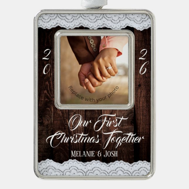 Romantic Lace and Rustic Wood Country Chic Christmas Ornament (Front)