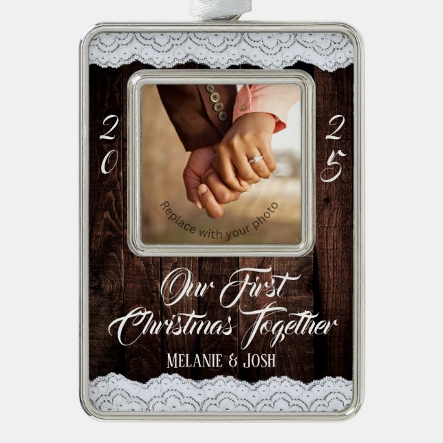 Romantic Lace and Rustic Wood Country Chic Christmas Ornament (Front)