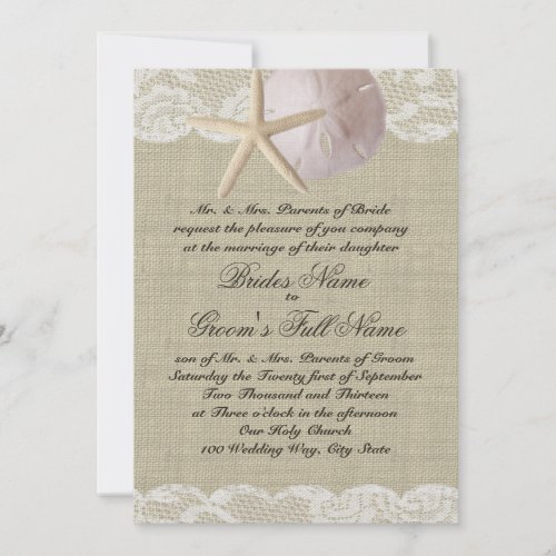Romantic Lace and Sea Shell Beach Wedding Personalized Invitation