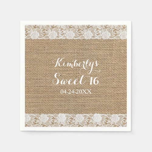 Romantic Lace burlap 16th Birthday Paper Napkins