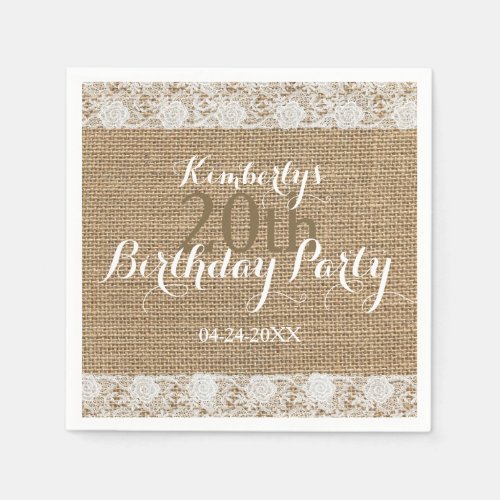 Romantic Lace burlap 20th Birthday Paper Napkins