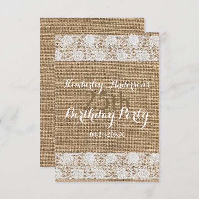 Romantic Lace burlap 25th Birthday Party Flat Card (Front/Back)