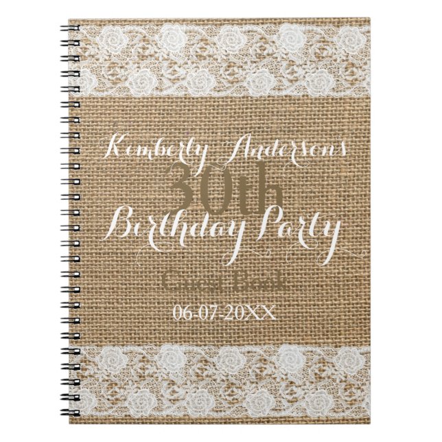 Romantic Lace burlap 30th Birthday Guest Book (Front)