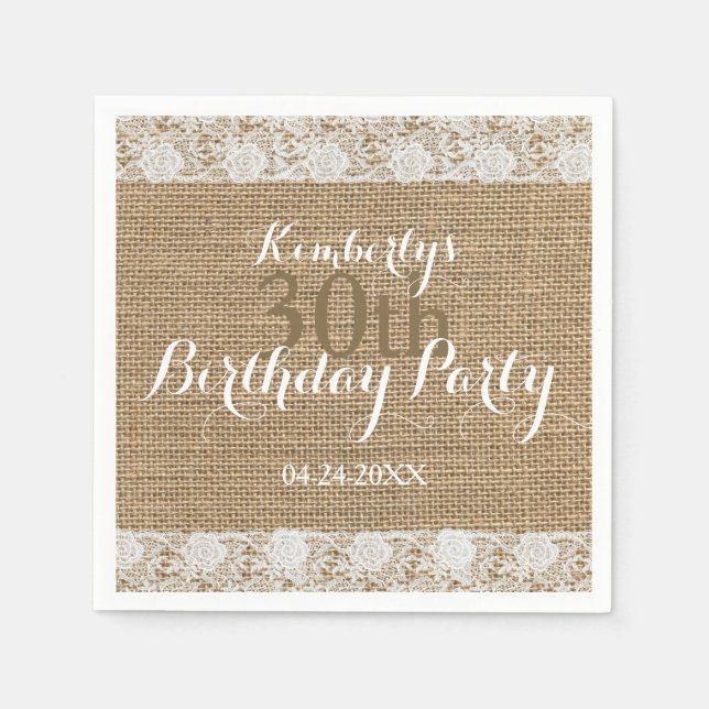 Romantic Lace burlap 30th Birthday Paper Napkins (Front)