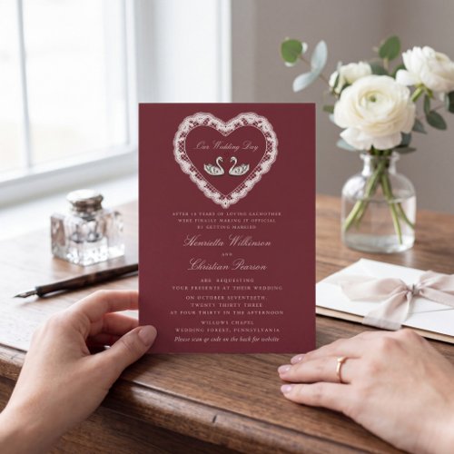 Romantic Lace Heart Swan Burgundy  Wedding Website Invitation