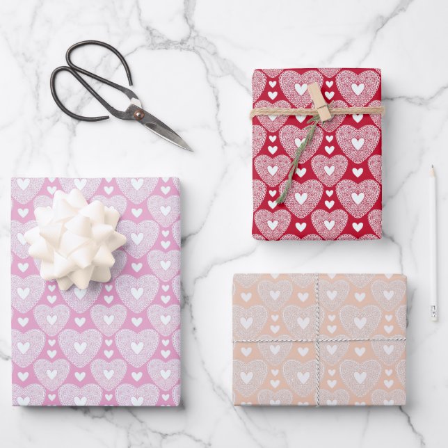 Romantic Lace Hearts Valentine's Day Wrapping Paper Sheets (Front)