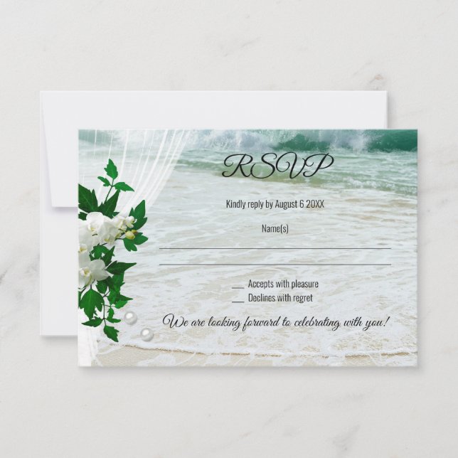 Romantic Lace Pearls Orchid Beach Wedding RSVP Invitation (Front)