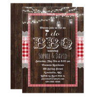Romantic Lace Red Gingham Old Wood I DO BBQ Invite