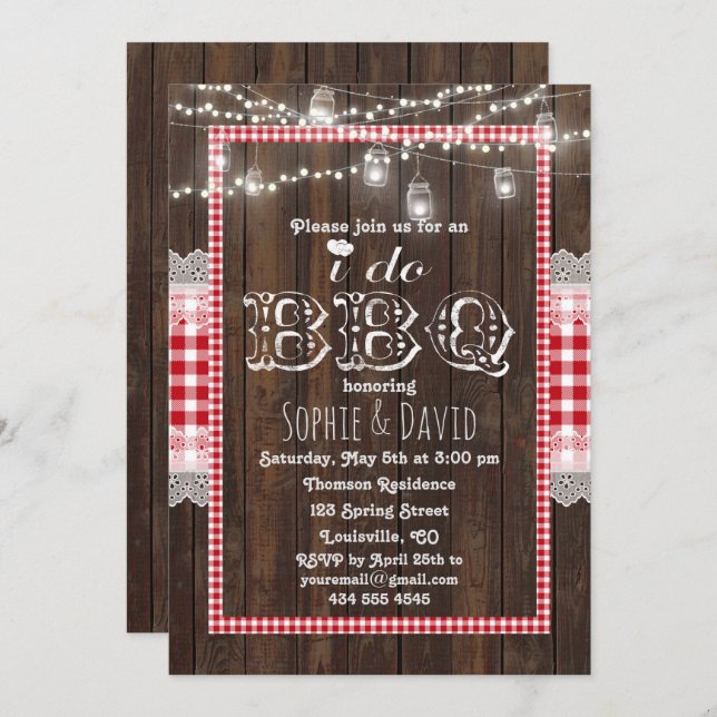 Romantic Lace Red Gingham Old Wood I DO BBQ Invite (Front/Back)