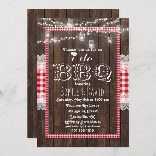 Romantic Lace Red Gingham Old Wood I DO BBQ Invite