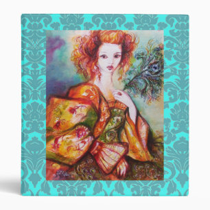 ROMANTIC LADY AND PEACOCK FEATHER,Teal Blue Damask 3 Ring Binder