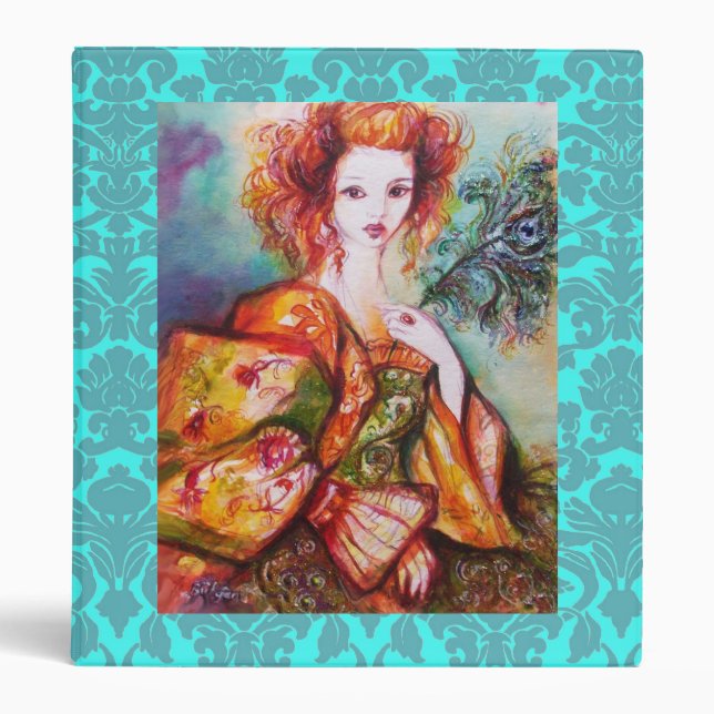 ROMANTIC LADY AND PEACOCK FEATHER,Teal Blue Damask 3 Ring Binder (Front)