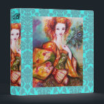 ROMANTIC LADY AND PEACOCK FEATHER,Teal Blue Damask Binder<br><div class="desc">Elegant , colorful , classy, whimsical monogram design in bright green, yellow orange , teal, turquase, white colors .Beautiful sophisticated brunette woman, red, green sparkling gold fabrics of a baroque costume with aqua blue peacock feathers .Original watercolor painting with golden foil and iridescent colors .This cool and artistic card is...</div>