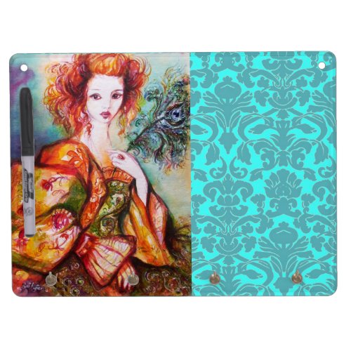 ROMANTIC LADY AND PEACOCK FEATHER Teal Blue Damask Dry Erase Board With Keychain Holder