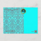 ROMANTIC LADY AND PEACOCK FEATHER Teal Blue Damask Postcard (Back)