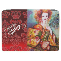 ROMANTIC LADY, PEACOCK FEATHER Red Damask Monogram iPad Air Cover