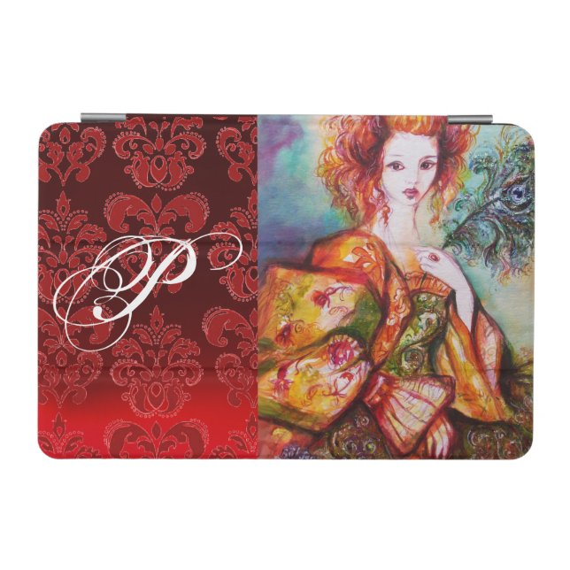 ROMANTIC LADY, PEACOCK FEATHER Red Damask Monogram iPad Mini Cover (Horizontal)