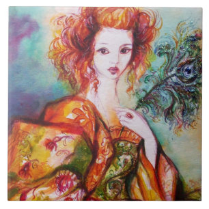 ROMANTIC LADY WITH PEACOCK FEATHER CERAMIC TILE