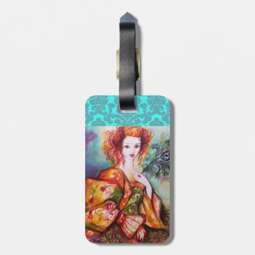 ROMANTIC LADY WITH PEACOCK FEATHER DAMASK MONOGRAM LUGGAGE TAG