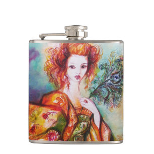 ROMANTIC LADY WITH PEACOCK FEATHER FLASK