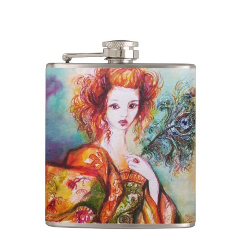 ROMANTIC LADY WITH PEACOCK FEATHER FLASK