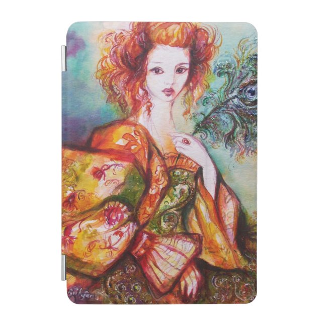 ROMANTIC LADY WITH PEACOCK FEATHER Teal Damask iPad Mini Cover (Front)