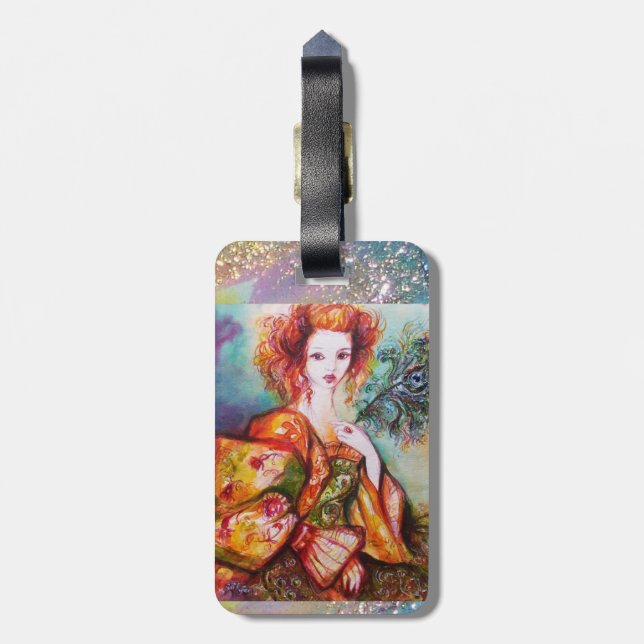 ROMANTIC LADY WITH SPARKLING PEACOCK FEATHER LUGGAGE TAG (Back Vertical)